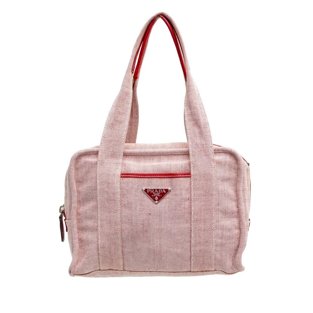 Rare Prada Misto Lino Handle Naturale Canvas Mini Shoulder Bag Red Pink Tote